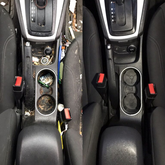 Before and after photo capturing the dramatic clean-up of a car's interior in Wentzville, MO, focusing on cupholders and dashboard, showcasing our mobile detailing team's ability to meticulously restore and enhance even the most challenging areas.