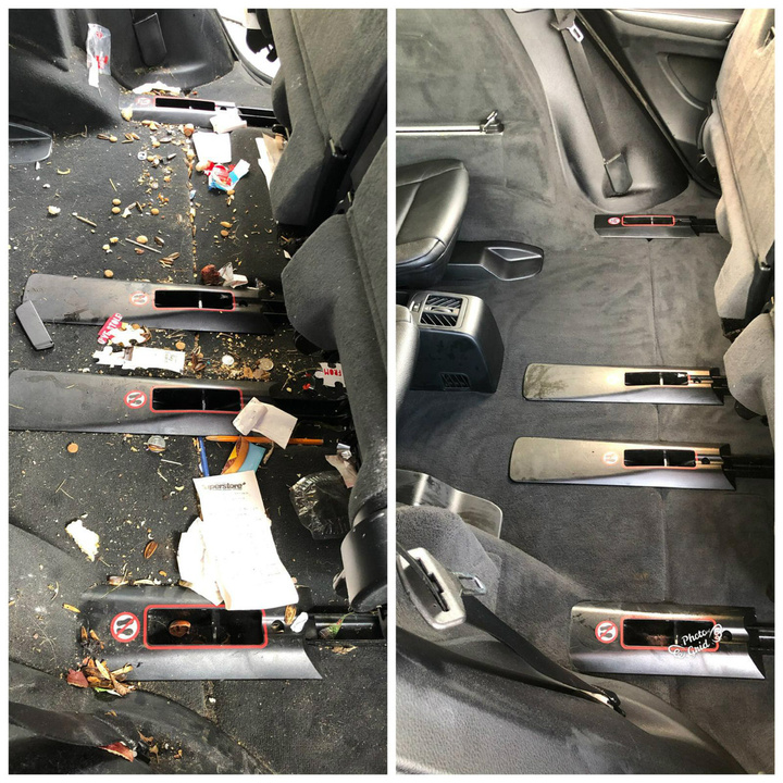 Before and after image highlighting the transformation of a car's carpet floor by our Wentzville mobile detailing service, showcasing our expertise in deep cleaning and rejuvenating vehicle interiors.
