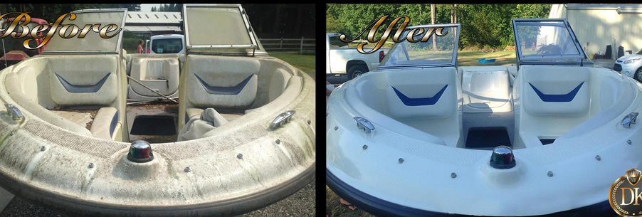 Before and after photo displaying the remarkable transformation of a boat's interior in Wentzville, MO, achieved by our expert mobile detailing, highlighting our meticulous attention to detail and quality results.