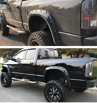Before and after image of a black Ram truck in Wentzville, MO, expertly detailed by our mobile service, demonstrating the striking difference our exterior cleaning and polishing makes on large vehicles.